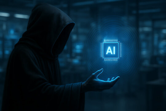 A mysterious hooded figure holds a glowing blue ai microprocessor chip in their hand symbolizing artificial intelligence technology and cyber risk