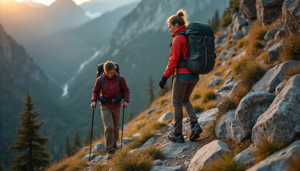 Two hikers, man and woman, ascend a rocky mountain path with large backpacks. They use trekking poles to navigate the steep terrain. Mountains and a valley spread out behind them.