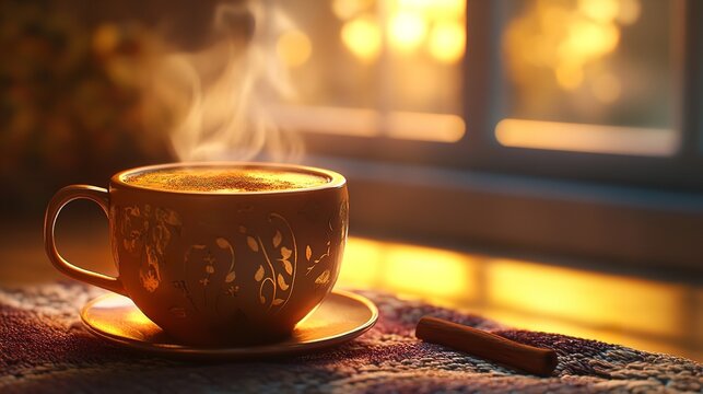 Cozy morning coffee cup with steam and cinnamon stick near window still life photography art image