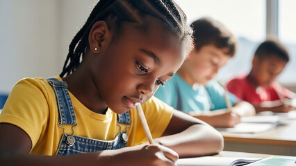 Young african american girl focused on writing in a classroom setting with other diverse students in the background symbolizing education and learning