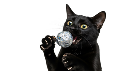 A black cat with yellow eyes holding a silver ball in its mouth and claws on a black background