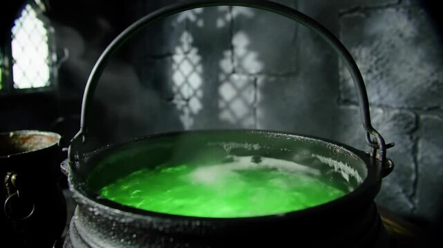Steaming cauldron bubbles with potion, castle background.