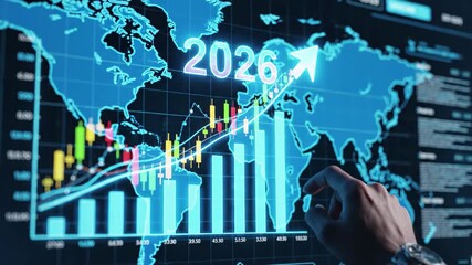 Hand interacting with a glowing financial chart on a digital world map, symbolizing global business growth - Powered by Adobe