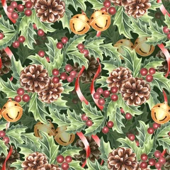 Gordijnen Jungle Christmas watercolor holly, pine cones, and round bells with red ribbons seamless pattern. Hand-drawn illustrations, winter holiday packaging designs. Festive nature backgrounds for textiles, paper.  © susie_p_art
