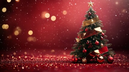Christmas tree with white snowdrift,snowflakes,snow land,podium with bauble,Christmas theme stage podium mock up for product placement,Happy New Year. Celebrate party,Xmas Poster,web banner,festive.