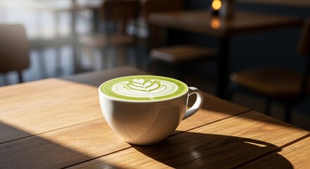 Matcha latte with artful foam on a wooden table