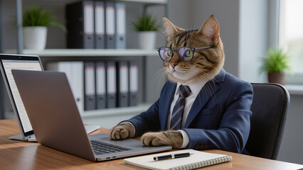 Cat dressed in a suit working diligently at a modern office desk with a laptop and notepad during daytime Generative AI