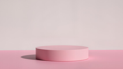 Simple pink display platform on soft pink surface with gentle shadows casting in natural light setting Generative AI
