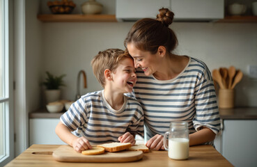 Happy mother and son in kitchen. Mom laughs with kid while eating breakfast. They enjoy time together. Bread and milk on table, family morning routine.