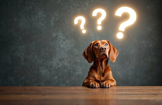 Adorable dog looks up with curiosity. Question marks float above its head. Background with copy space. Image represents questions answers knowledge education concept for pet care sites or blogs.