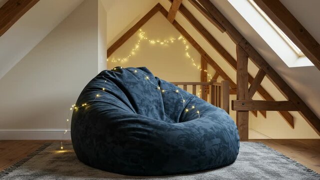 Serene attic corner featuring a plush bean bag chair illuminated by gentle string lights, creating a tranquil relaxation space within a modern home.