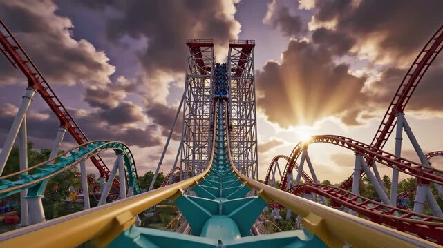 Roller coaster ascending a towering lift hill at sunset, with dramatic clouds and sun rays