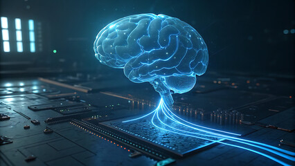 Glowing blue digital human brain concept emerging from a futuristic circuit board with illuminated data streams representing artificial intelligence and machine learning technology