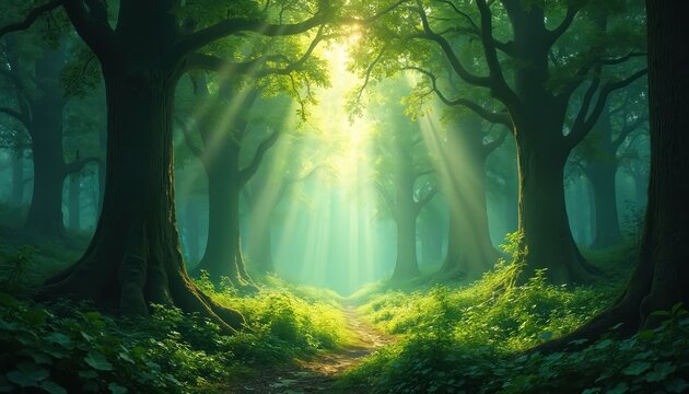 Golden sunlight beams through rich green forest. Tall majestic trees create natural canopy, with bright light rays illuminating vibrant undergrowth. Winding path appears deep in serene woods,