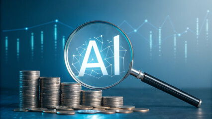 Magnifying glass focusing on the letters ai over stacks of coins with a blue digital graph background symbolizing investment and financial analysis in artificial intelligence technology