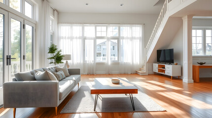 spacious white living room with sofa and large windows