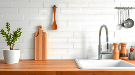 modern minimalist kitchen counter with cutting board and utensil