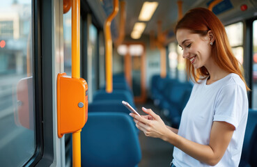 Young woman uses smartphone to pay her bus fare. She is smiling happy inside public transport. Contactless payment tech helps her on the go in city. Modern lifestyle concept.