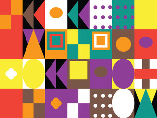Geometric Colorful Shapes Pattern with Squares Triangles and Circles in a Random and Creative Arrangement Perfect for Backgrounds and Abstract Designs with Vibrant Colors