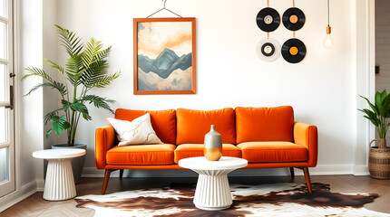 vibrant modern living room with orange sofa and abstract art