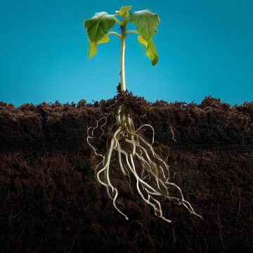 Emerging sprout showing roots in soil against blue sky