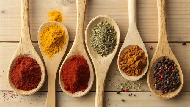 Six wooden spoons filled with various colorful culinary spices - Powered by Adobe