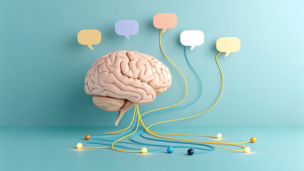 Conceptual 3d rendering of a human brain connected by wires to colorful speech bubbles representing thought process, communication, and intelligence development