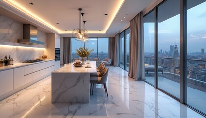 Luxurious modern kitchen interior in penthouse apartment with cityscape view. Elegant design featuring marble countertops stylish pendant lighting, high end appliances. Contemporary architecture