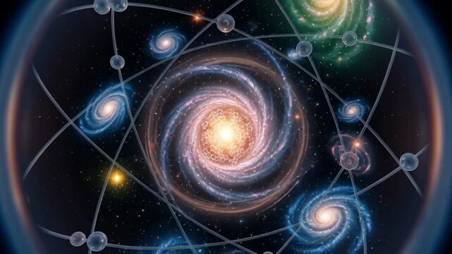 Witness the breathtaking dance of galaxies swirling in a cosmic atom, a vibrant spectacle of science and wonder, captivating audiences with its awe-inspiring beauty and complexity
