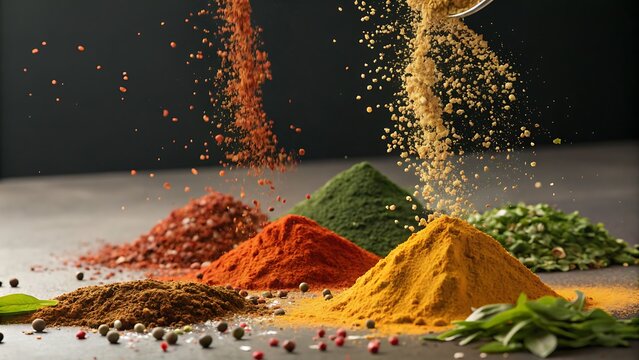 Vibrant ground spices and herbs falling and piled on a surface