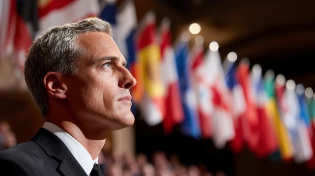 A distinguished man with gray hair in a suit looks intently forward, surrounded by a blur of international flags, suggesting a formal global event or conference.