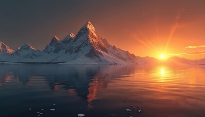Snow-covered mountain peaks reflect in calm lake water at sunset. Orange sun sets creating beautiful colors on a clear sky over the mountain range. Scenic landscape photo.