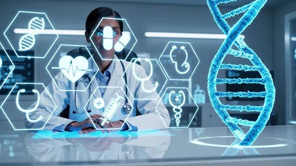Female doctor interacting with holographic medical icons and a 3d dna helix in a futuristic lab - Powered by Adobe