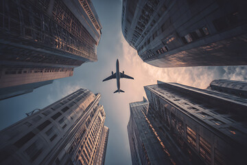 Airplane Soaring Above Skyscrapers