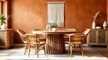 cozy dining room with wooden table and rattan chairs