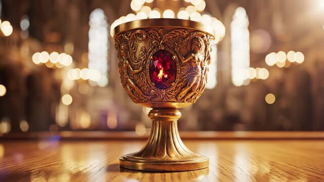 Ornate golden chalice with a prominent red gem, intricately carved, on a wooden table in a church