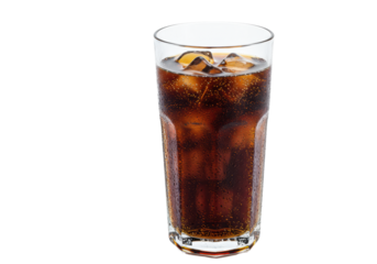 Pristine glass of dark carbonated cola with ice, condensation, and effervescent bubbles, isolated on a transparent background with copy space, concept for beverage advertising