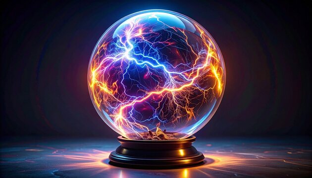 Plasma globe with electric filaments glowing blue and orange against dark background in scientific setting