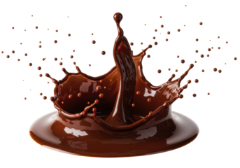 Rich, viscous molten dark chocolate liquid vigorously splashing and swirling upwards with delicate droplets suspended, on a transparent studio background with copy space. Concept for high-end dessert