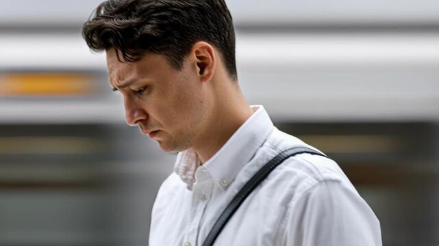 A pensive man in a white collared shirt with a satchel strap looks down, against a fast-moving, blurred backdrop.
