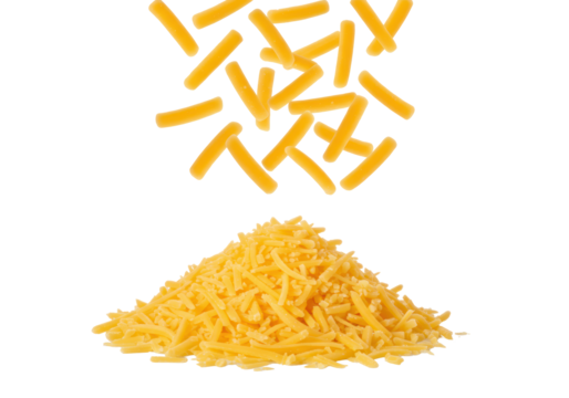 Vibrant yellow-orange shredded cheddar cheese falling onto a soft pile of grated cheese, isolated on a transparent background, macro food photography concept