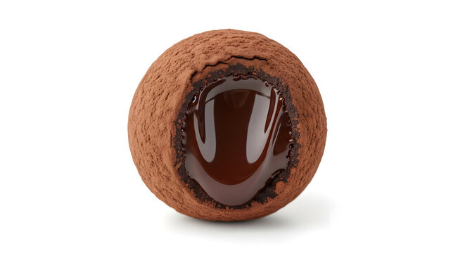 Delicious dark chocolate truffle dusted with cocoa powder, cut open to show molten filling, isolated on white background