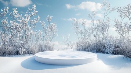 Christmas tree with white snowdrift,snowflakes,snow land,podium with bauble,Christmas theme stage podium mock up for product placement,Happy New Year. Celebrate party,Xmas Poster,web banner,festive.