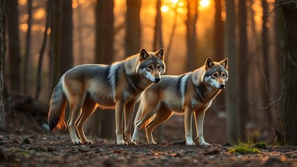 disequilibrium. Wolf pack hierarchy in forest with golden hour lighting. wildlife magazines, conservation campaigns, designed for eco-tourism storytelling, used by researchers, supports conservation.