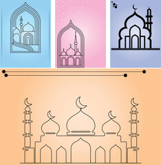 Elegant Ink-Line Mosque Outline with Modern Geometric Arches Poster And Banner Set.
