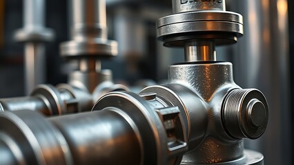 discontinuous. Metal nodules on industrial pipe valves reflecting light, metallic texture detail. safety posters, maintenance manuals, designed for industrial assembly lines and welding operations.