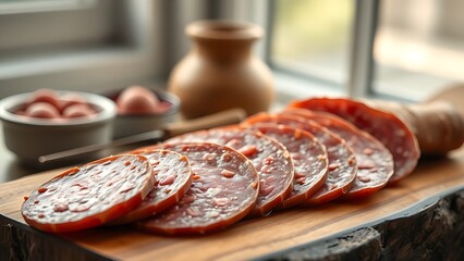 calabrese. Traditional Calabrese salami slices on a rustic wooden board with soft window light. menu design, packaging mockups, designed for food delivery and cloud-kitchen brand materials.