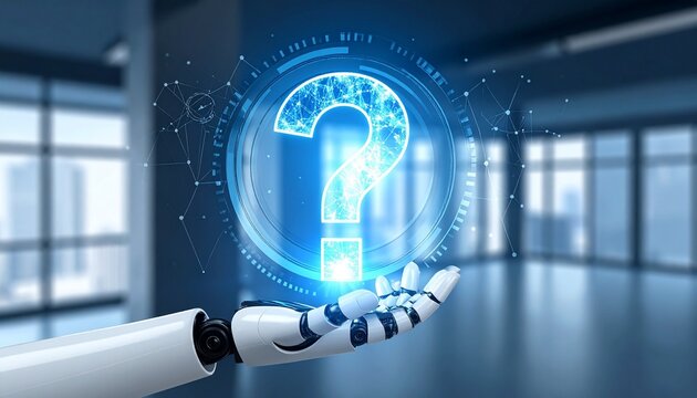Robotic hand presenting glowing digital question mark in futuristic high-tech setting