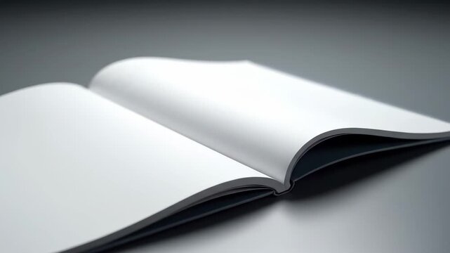 Open blank book or magazine with empty white pages on a dark grey surface, ready for content