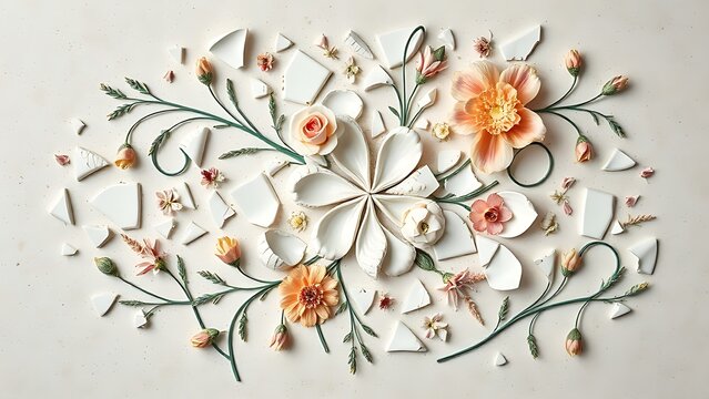 labdanum. Broken porcelain fragments reassembled into an elegant floral mosaic on a neutral surface, top-down view. menu design.